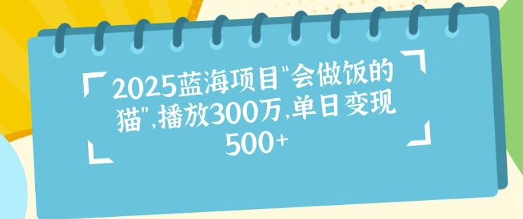 2025蓝海项目“会做饭的猫”，播放300万，单日变现多张-乞丐的项目